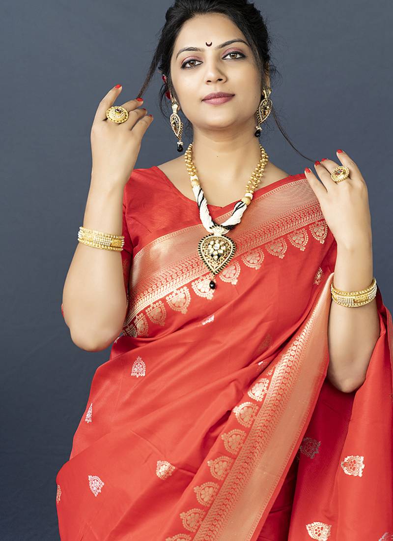 Red banarasi silk blend saree with silver zari border & woven pallu