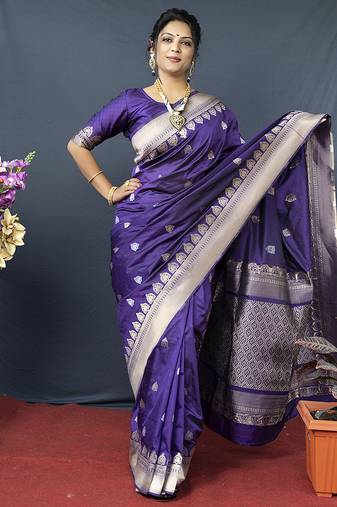Violet banarasi silk blend saree with silver zari border & woven pallu