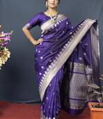 Violet banarasi silk blend saree with silver zari border & woven pallu