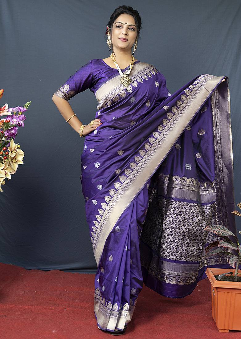 Violet banarasi silk blend saree with silver zari border & woven pallu