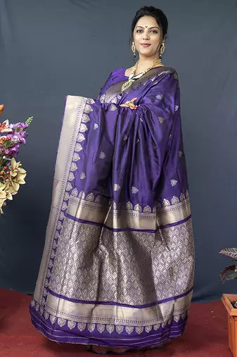 Violet banarasi silk blend saree with silver zari border & woven pallu