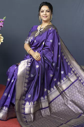 Violet banarasi silk blend saree with silver zari border & woven pallu