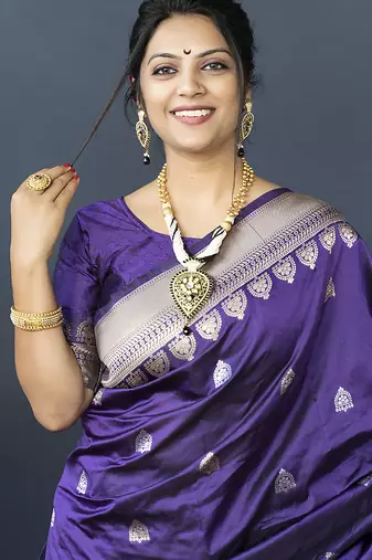 Violet banarasi silk blend saree with silver zari border & woven pallu