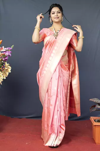 Baby pink banarasi silk blend saree with silver zari border & woven pallu
