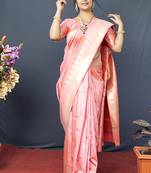 Baby pink banarasi silk blend saree with silver zari border & woven pallu