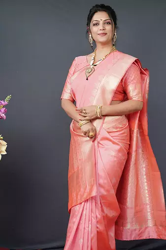 Baby pink banarasi silk blend saree with silver zari border & woven pallu