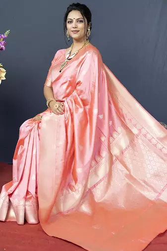 Baby pink banarasi silk blend saree with silver zari border & woven pallu