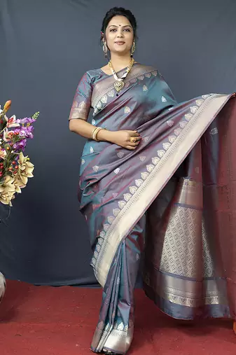 Grey banarasi silk blend saree with silver zari border & woven pallu