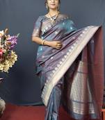 Grey banarasi silk blend saree with silver zari border & woven pallu