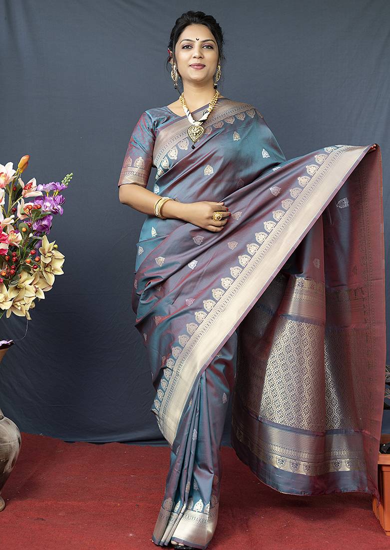 Grey banarasi silk blend saree with silver zari border & woven pallu