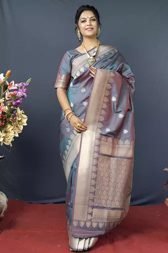 Grey banarasi silk blend saree with silver zari border & woven pallu