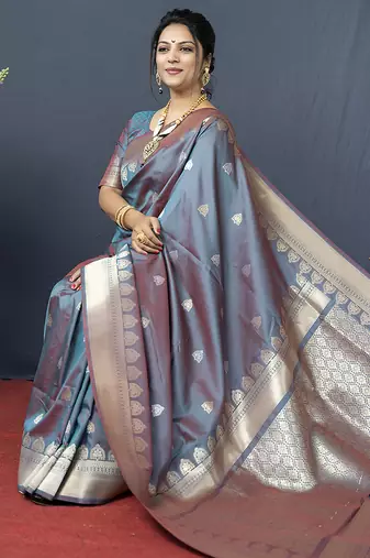 Grey banarasi silk blend saree with silver zari border & woven pallu