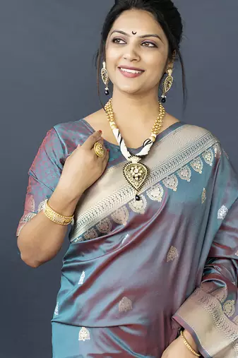 Grey banarasi silk blend saree with silver zari border & woven pallu