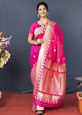 Rani pink banarasi silk blend saree with silver zari border & woven pallu 1