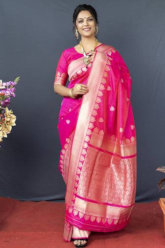 Rani pink banarasi silk blend saree with silver zari border & woven pallu