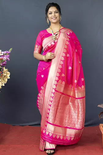 Rani pink banarasi silk blend saree with silver zari border & woven pallu
