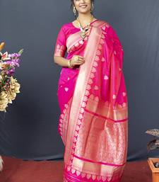 Rani pink banarasi silk blend saree with silver zari border & woven pallu