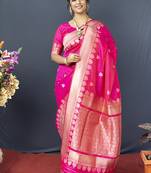 Rani pink banarasi silk blend saree with silver zari border & woven pallu