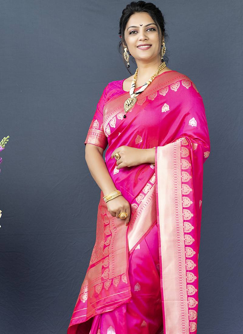 Rani pink banarasi silk blend saree with silver zari border & woven pallu