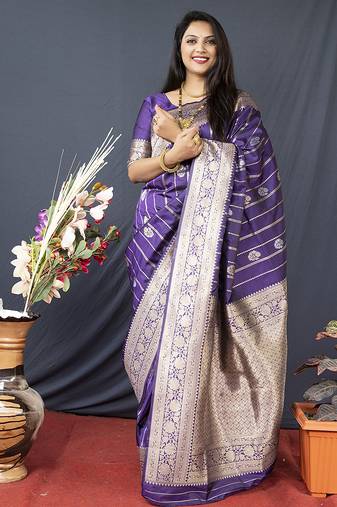 Purple banarasi silk blend saree with zari border & woven pallu
