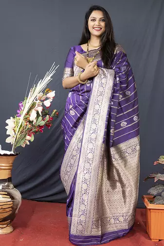 Purple banarasi silk blend saree with zari border & woven pallu