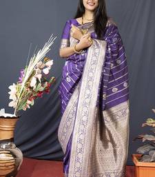 Purple banarasi silk blend saree with zari border & woven pallu