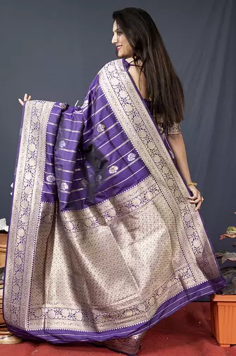 Purple banarasi silk blend saree with zari border & woven pallu
