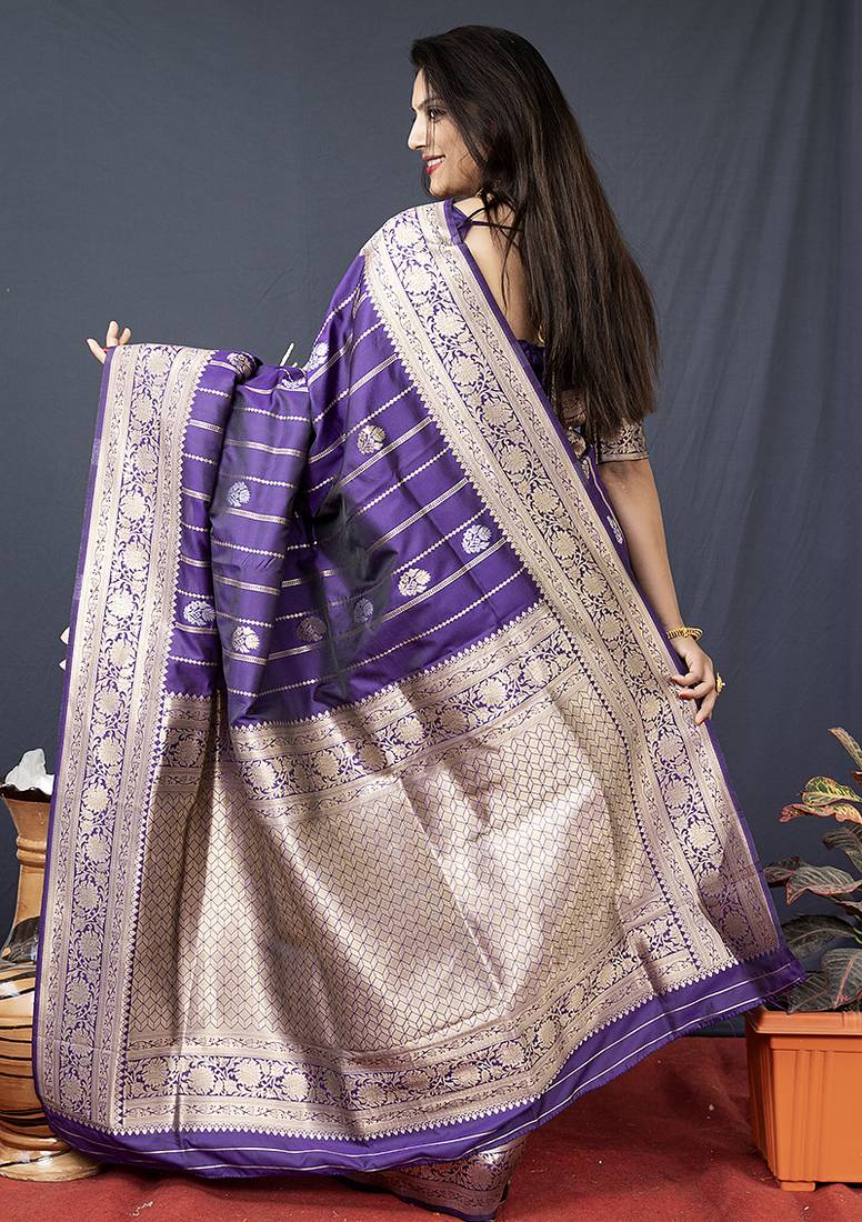 Purple banarasi silk blend saree with zari border & woven pallu