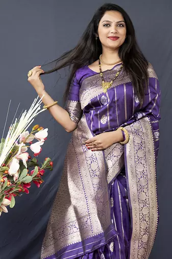 Purple banarasi silk blend saree with zari border & woven pallu