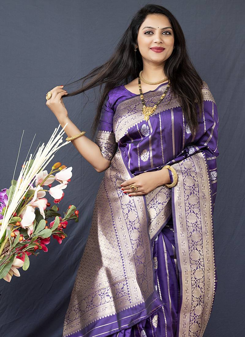 Purple banarasi silk blend saree with zari border & woven pallu