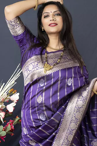 Purple banarasi silk blend saree with zari border & woven pallu