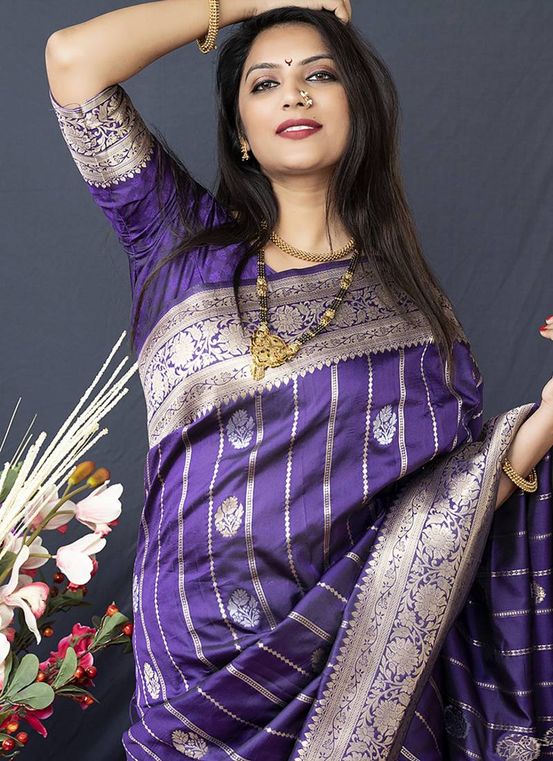 Purple banarasi silk blend saree with zari border & woven pallu