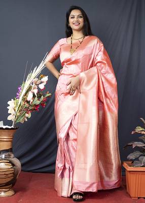 Baby pink banarasi silk blend saree with zari border & woven pallu 1