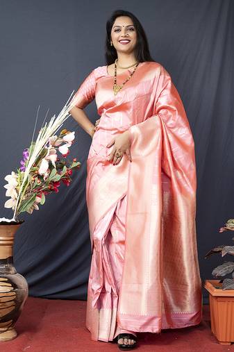 Baby pink banarasi silk blend saree with zari border & woven pallu