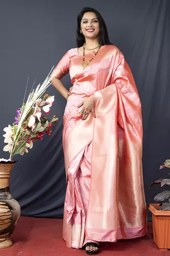 Baby pink banarasi silk blend saree with zari border & woven pallu