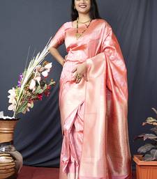 Baby pink banarasi silk blend saree with zari border & woven pallu