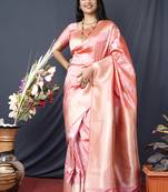 Baby pink banarasi silk blend saree with zari border & woven pallu