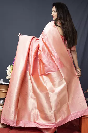 Baby pink banarasi silk blend saree with zari border & woven pallu