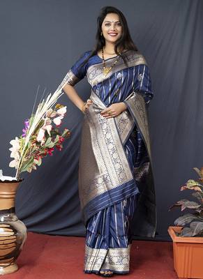 Navy blue banarasi silk blend saree with zari border & woven pallu 1