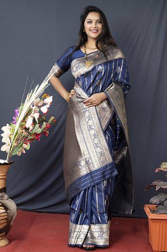 Navy blue banarasi silk blend saree with zari border & woven pallu