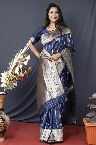 Navy blue banarasi silk blend saree with zari border & woven pallu