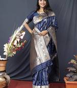 Navy blue banarasi silk blend saree with zari border & woven pallu