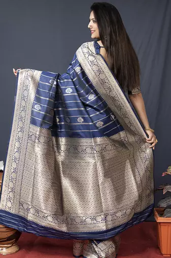 Navy blue banarasi silk blend saree with zari border & woven pallu