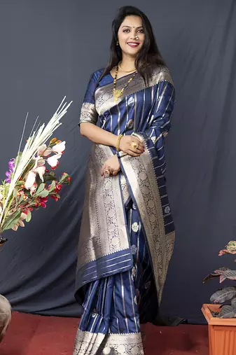 Navy blue banarasi silk blend saree with zari border & woven pallu