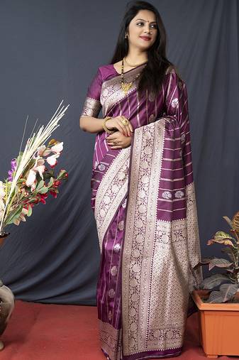 Wine banarasi silk blend saree with zari border & woven pallu