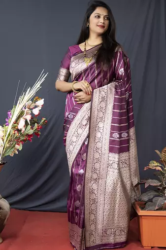 Wine banarasi silk blend saree with zari border & woven pallu