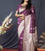 Wine banarasi silk blend saree with zari border & woven pallu
