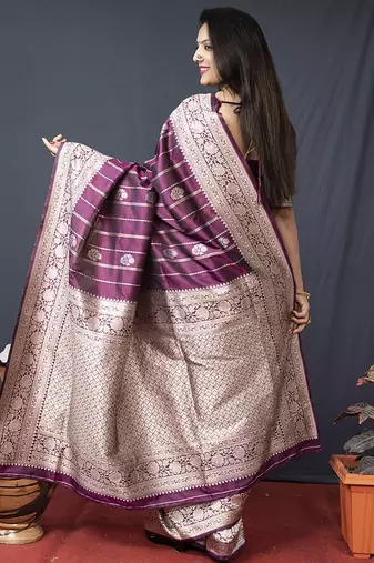 Wine banarasi silk blend saree with zari border & woven pallu