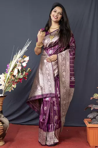 Wine banarasi silk blend saree with zari border & woven pallu