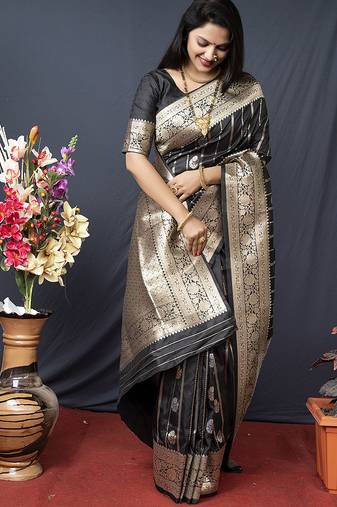Black banarasi silk blend saree with zari border & woven pallu